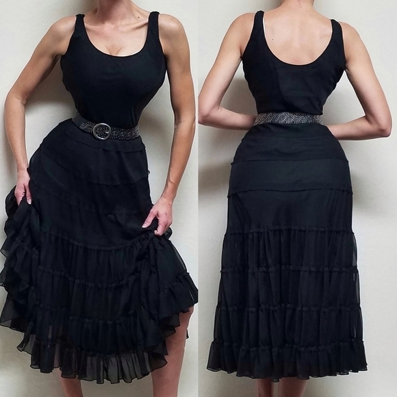 Vintage Dresses & Skirts - 𝅺VINTAGE Jones Wear Black Chiffon Sleeveless Tiered Ruffle Full Skirt Midi Dres